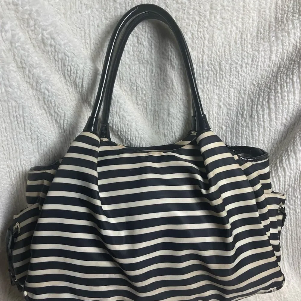 Kate Spafe large black & white striped Nylon diaper bag/travel bag